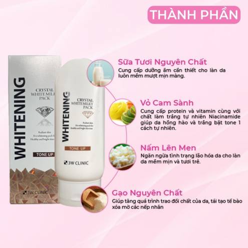 Kem Ủ Trắng, Tắm Trắng Body 3W Clinic Whitening Crystal White Milky Pack Tone Up 200ml