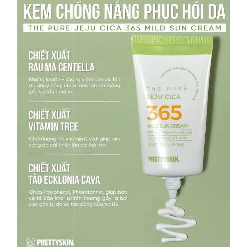 Kem chống nắng rau má Pretty Skin The Pure Jeju Cica 365 Mild Sun Cream ( Xanh lá mới)