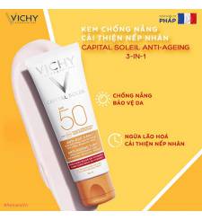 Kem Chống Nắng Vichy Capital Soleil Vạch Đỏ Chống Lão Hóa & Dưỡng Da SPF 50 UVB+UVA Anti-Ageing 3-in-1, 50ml