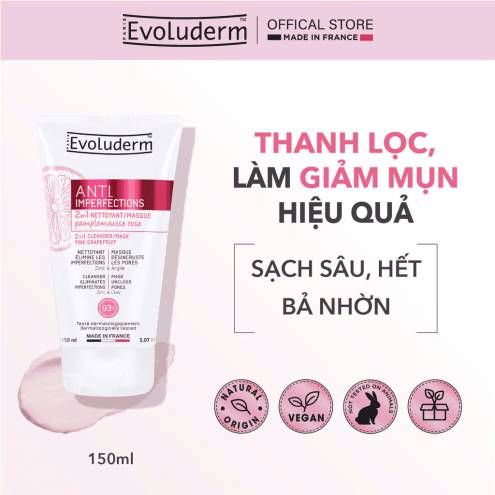 Sữa Rửa Mặt & Mặt Nạ Bưởi Hồng Ngăn Ngừa Mụn Evoluderm Anti-Imperfections 2-in-1 Cleanser/Mask Pink Grapefrui 150ml