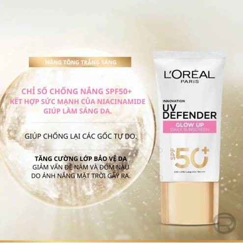 VẠCH HỒNG - Kem Chống Nắng Nâng Tông L'Oreal UV Defender Glow Up Daily Sunscreen SPF50+ PA ++++ 50ml