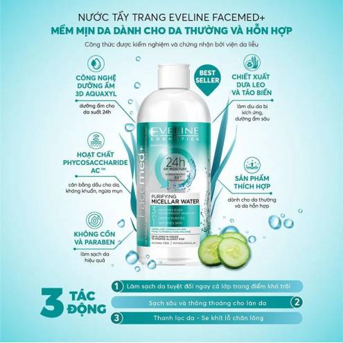 Nước Tẩy Trang Làm Sạch, Dưỡng Ẩm Da Eveline Facemed+ Micellar Water 400ml