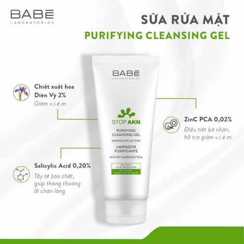 Sữa rửa mặt BABE Stop AKN Purifying Cleansing Gel cho da dầu mụn 200ml