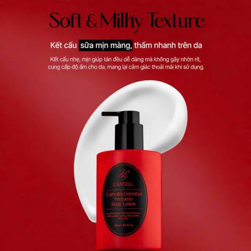 LOUVCELL CAMELLIA ESSENTIAL PERFUME BODY LOTION – DƯỠNG ẨM VÀ LƯU HƯƠNG HOA TRÀ CHO CƠ THỂ