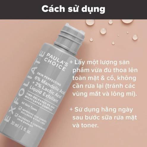 Dung dịch loại bỏ tế bào chết và làm sáng da Skin Perfecting 6% Mandelic Acid + 2% Lactic Acid Liquid Exfoliant Paula's Choice 