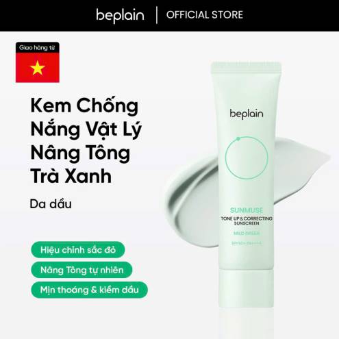Kem Chống Nắng Beplain Vật Lý, Nâng Tông, Giảm Đỏ Sunmuse Tone Up & Correcting Sunscreen Mild Green SPF50+ PA++++ 50ml