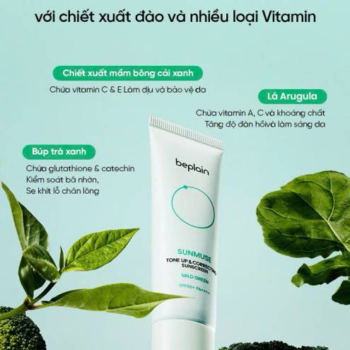 Kem Chống Nắng Beplain Vật Lý, Nâng Tông, Giảm Đỏ Sunmuse Tone Up & Correcting Sunscreen Mild Green SPF50+ PA++++ 50ml