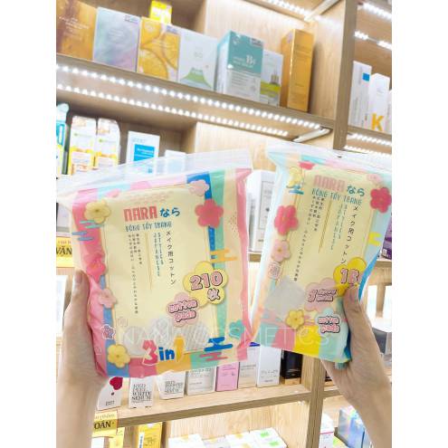 Bông tẩy trang Nara túi zip Nhật dập viền siêu mịn 210 miếng và 160 miếng