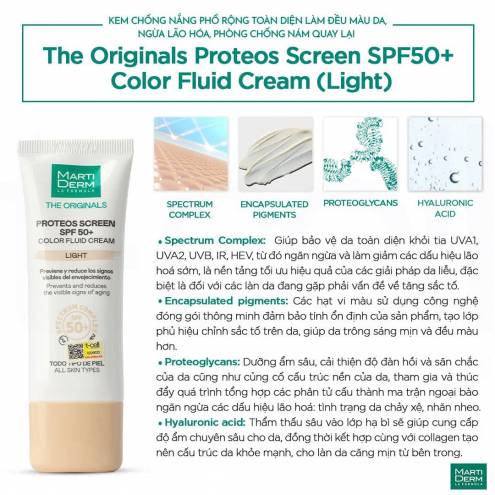 Kem Chống Nắng Làm Đều Màu Da - MartiDerm The Originals Proteos Screen SPF50+ Color Fluid Cream (Light) (40ml)