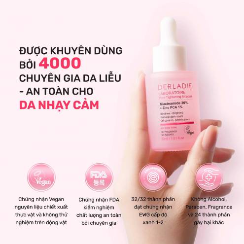 SERUM DERLADIE GIẢM MỤN, MỜ THÂM ĐỎ VÀ THU NHỎ LỖ CHÂN LÔNG DERLADIE LABORATOIRE PORE TIGHTENING AMPOULE NIACINAMIDE 20% + ZINC PCA 1% 30ml