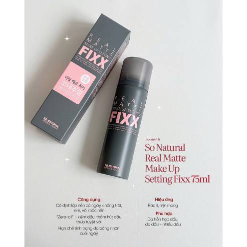 Xịt dưỡng nền Real Matte Make Up Setting Fixx So' Natural 75ml - Kiềm dầu, giữ lớp trang điểm mịn lì
