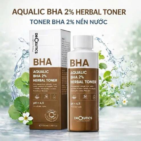 Nước Cân Bằng DrCeutics Làm Dịu Da, Hỗ Trợ Giảm Mụn Aqualic BHA 2% Herbal Toner 100ml