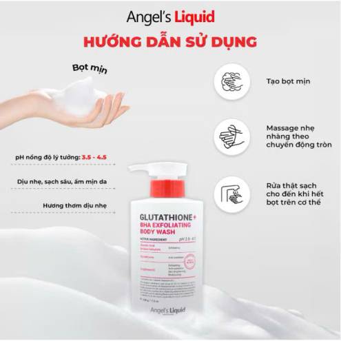 Sữa tắm giảm mụn mờ thâm Angel's Liquid Glutathione BHA Exfoliating Body Wash 500g