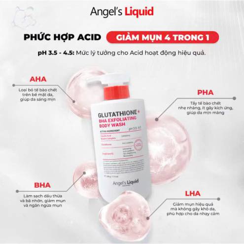 Sữa tắm giảm mụn mờ thâm Angel's Liquid Glutathione BHA Exfoliating Body Wash 500g