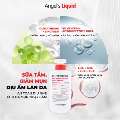 Sữa tắm giảm mụn mờ thâm Angel's Liquid Glutathione BHA Exfoliating Body Wash 500g