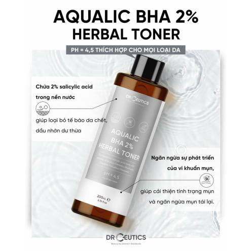 Nước Cân Bằng DrCeutics Làm Dịu Da, Hỗ Trợ Giảm Mụn Aqualic BHA 2% Herbal Toner 100ml
